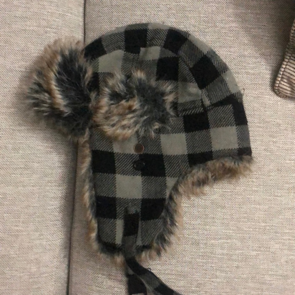 H&M Faux Fur Trapper Aviator Hat Black Grey